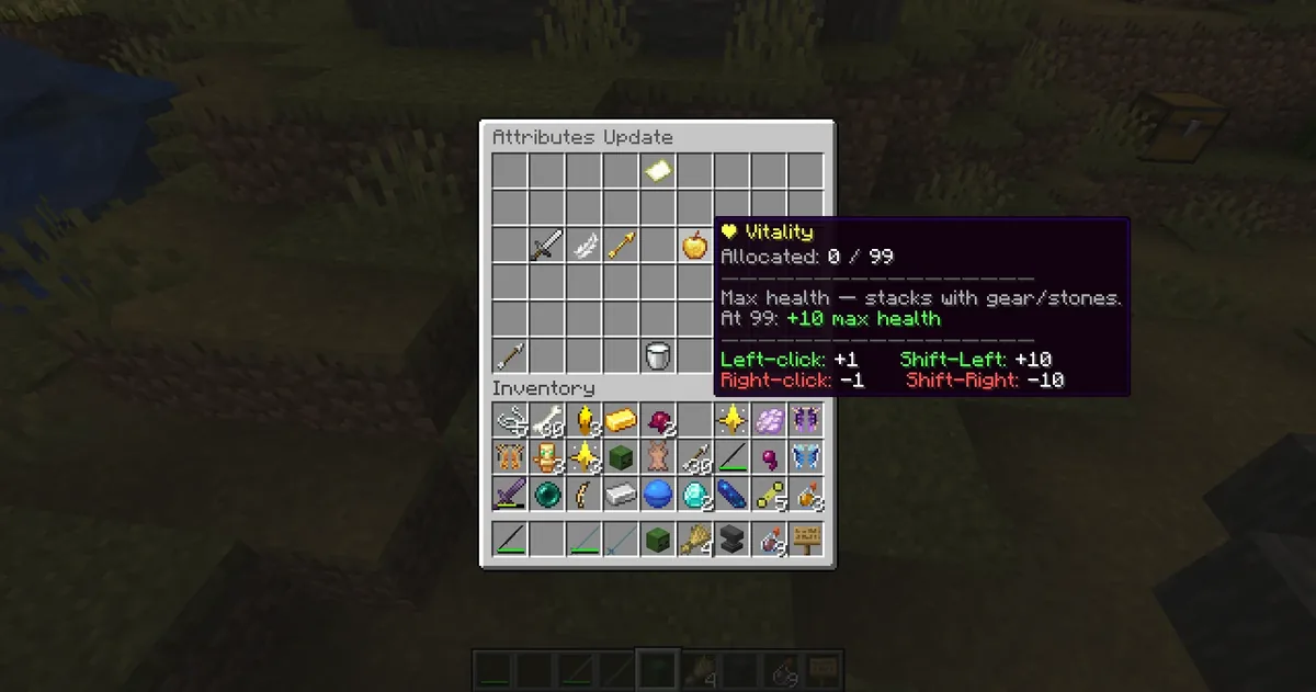 The /updatestats GUI: six stat tiles (STR/AGI/DEX/VIT/INT/LUK) with +1/+10 buttons