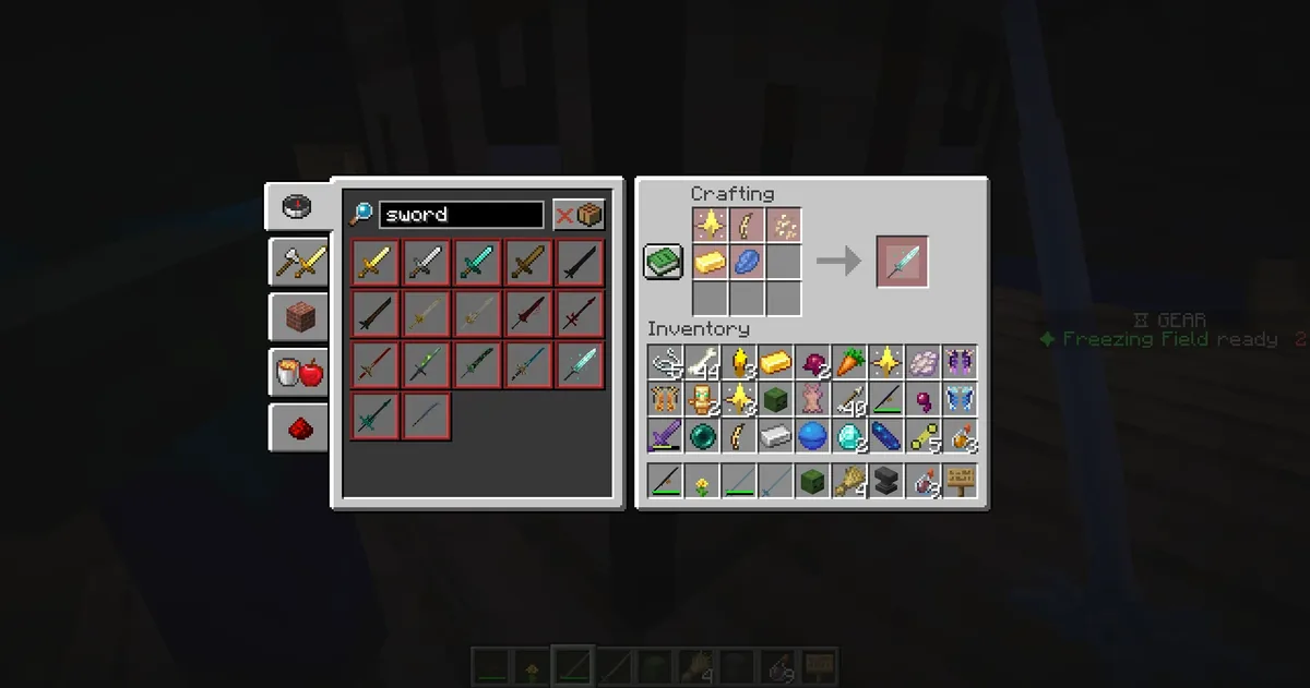 A crafting table with a Heartstone, two different bosses' materials, and currency ore laid out