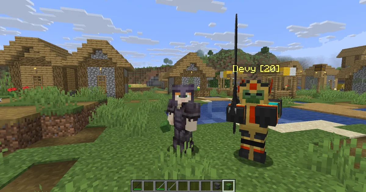 A player standing beside their fully-geared Deviant companion, both facing outward
