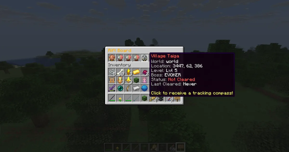 The /riftboard GUI: a list of structures with boss-type icons, level, and cleared/not-cleared color coding